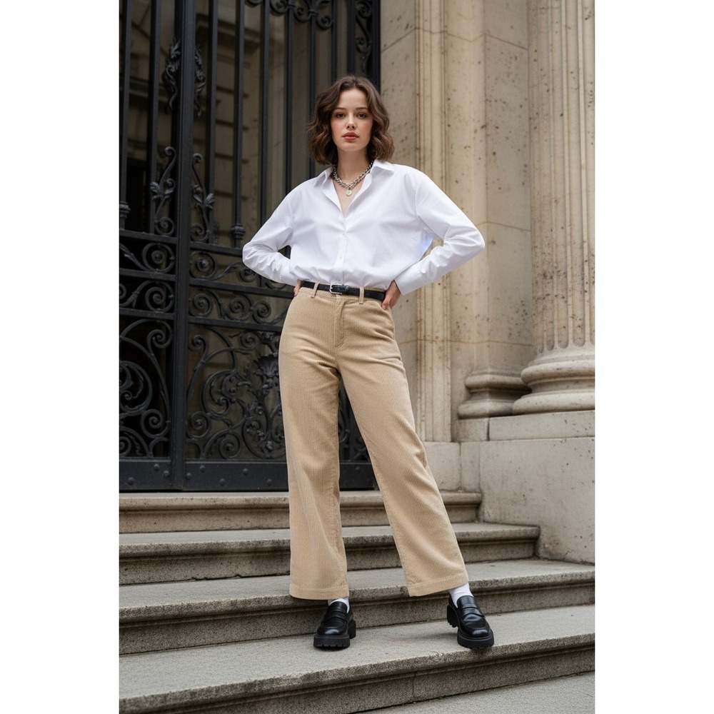 For The Republic Womens Small Beige Wide Leg Corduroy High Rise Pants Stovepipe